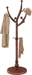 Wooden Freestanding Coat Rack with 11 Hooks, Sturdy Rubber Wood Hanger, Vintage Style