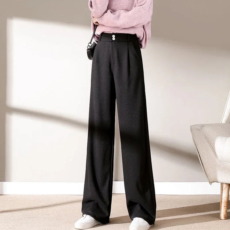 Autumn Winter Female Classic Daily Woolen Pants Girls Narrow Straight Leg Trousers Lady Solid Thicken High Waisted Pants
