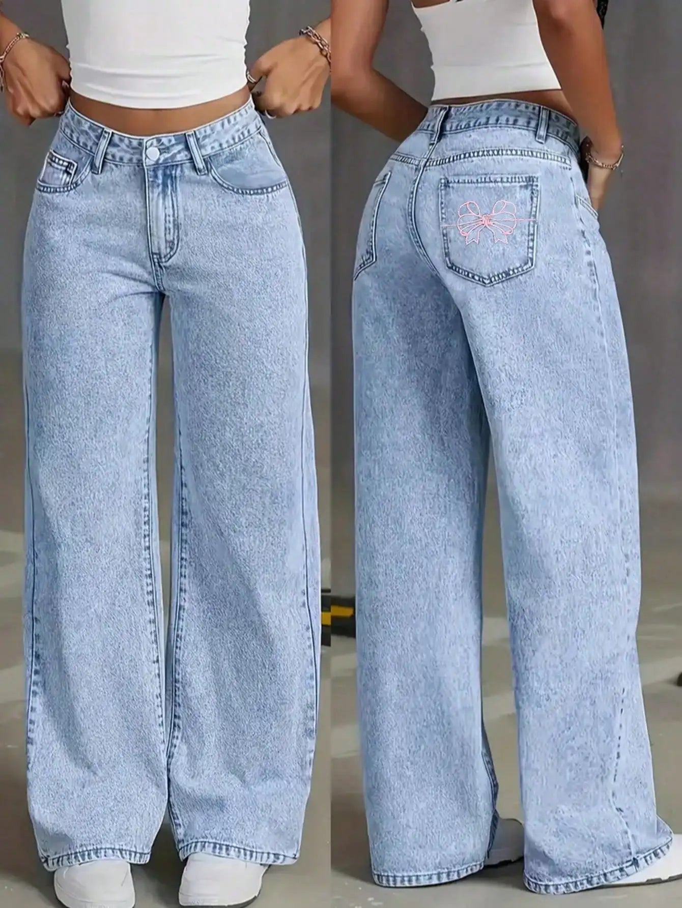 Women's High Waist Wide Leg Jeans, Light Wash Casual Denim Pants with Pockets