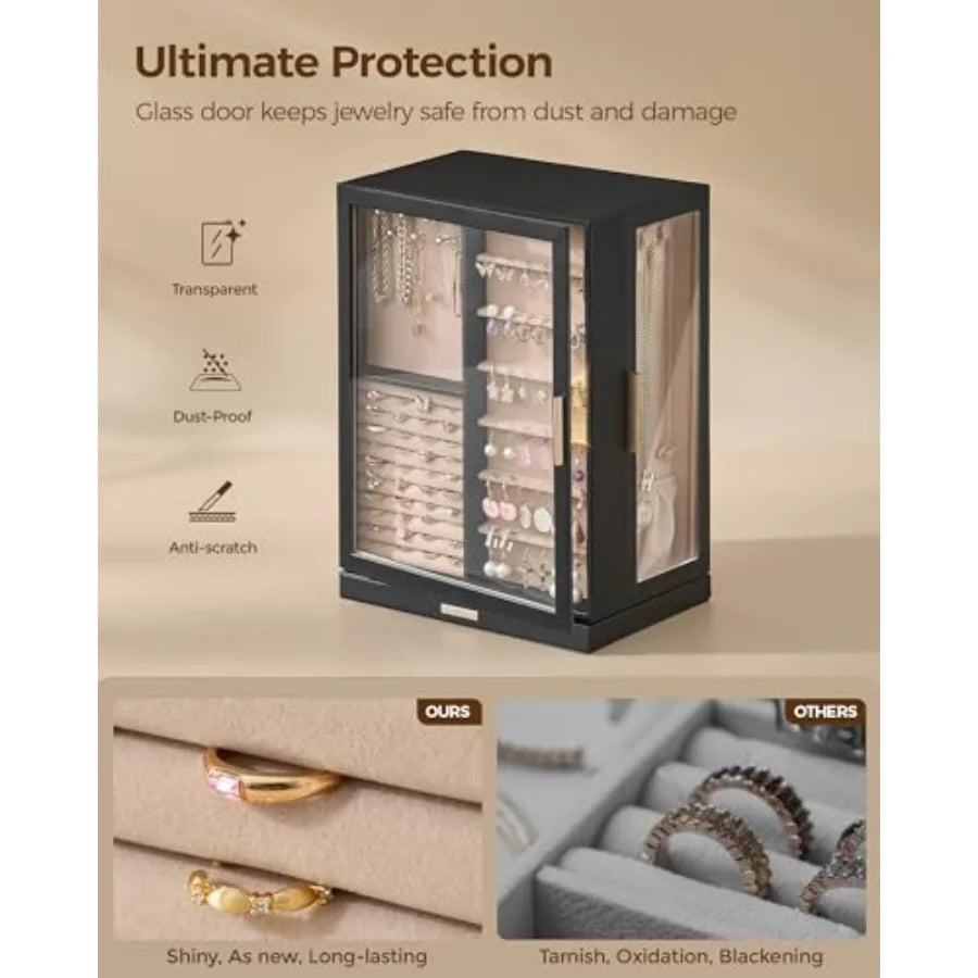 360° Rotating Jewelry Box with 9 Drawers Spacious Vertical Jewelry Organizer with Glass Window Jewelry Storage Case Dustproof a