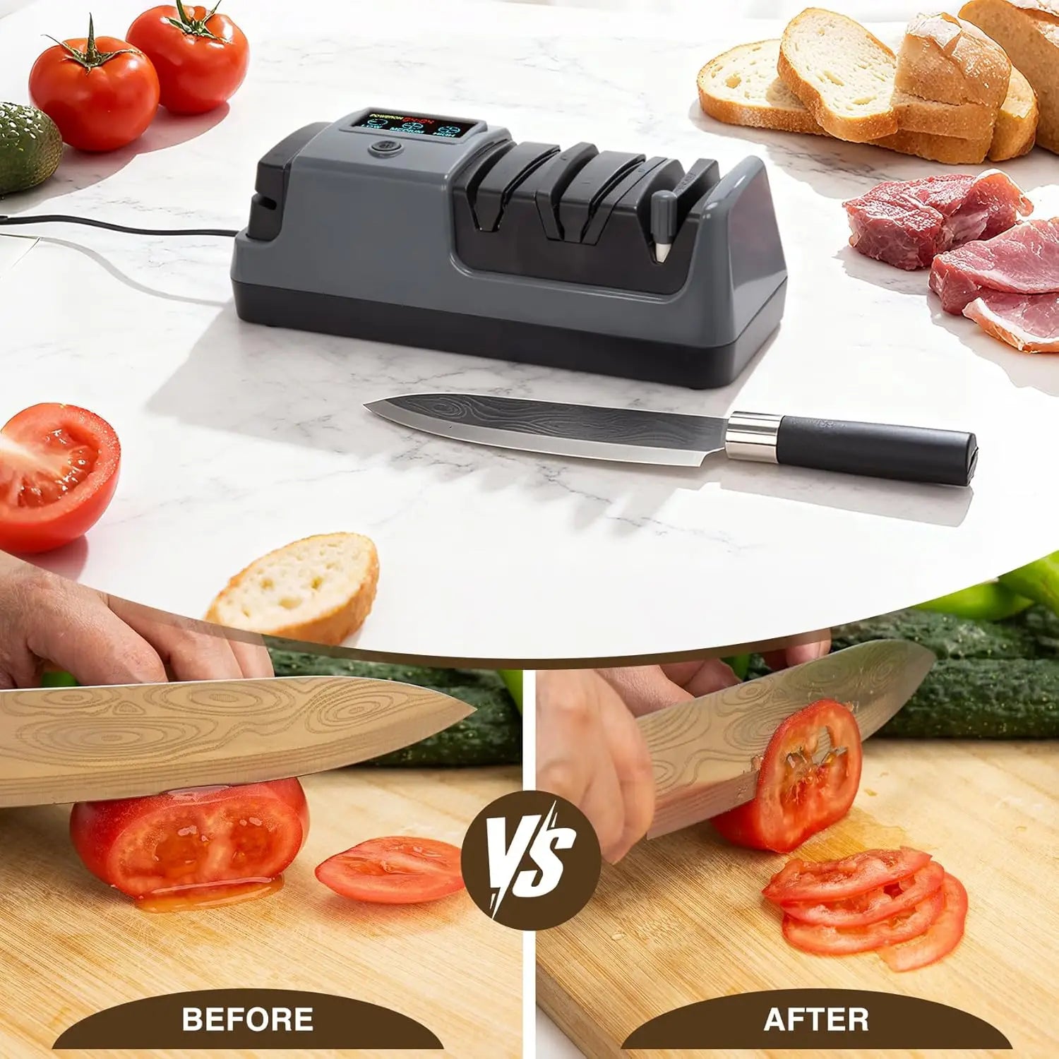 3-Stage Electric Knife Sharpener with LCD Screen, Diamond Abrasive, Adjustable Speed & Precision Guides for All Kitchen Knives