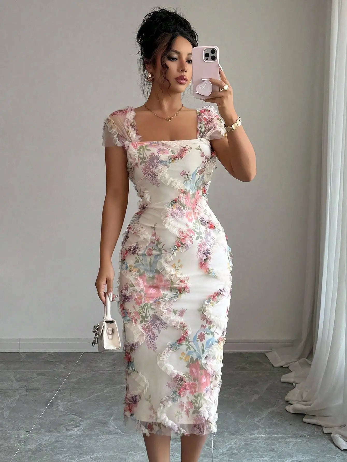 Elegant Floral Print Ruched Waist Midi Dress with Ruffles and Square Neck