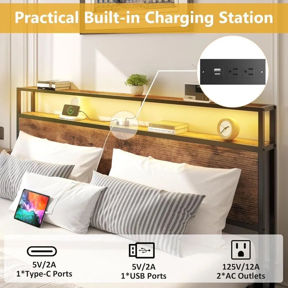 Queen Bed Frame with 2-Tier Storage Headboard, Metal Platform Bed Frame with 4 Storage Drawers, Built in Charging Stati