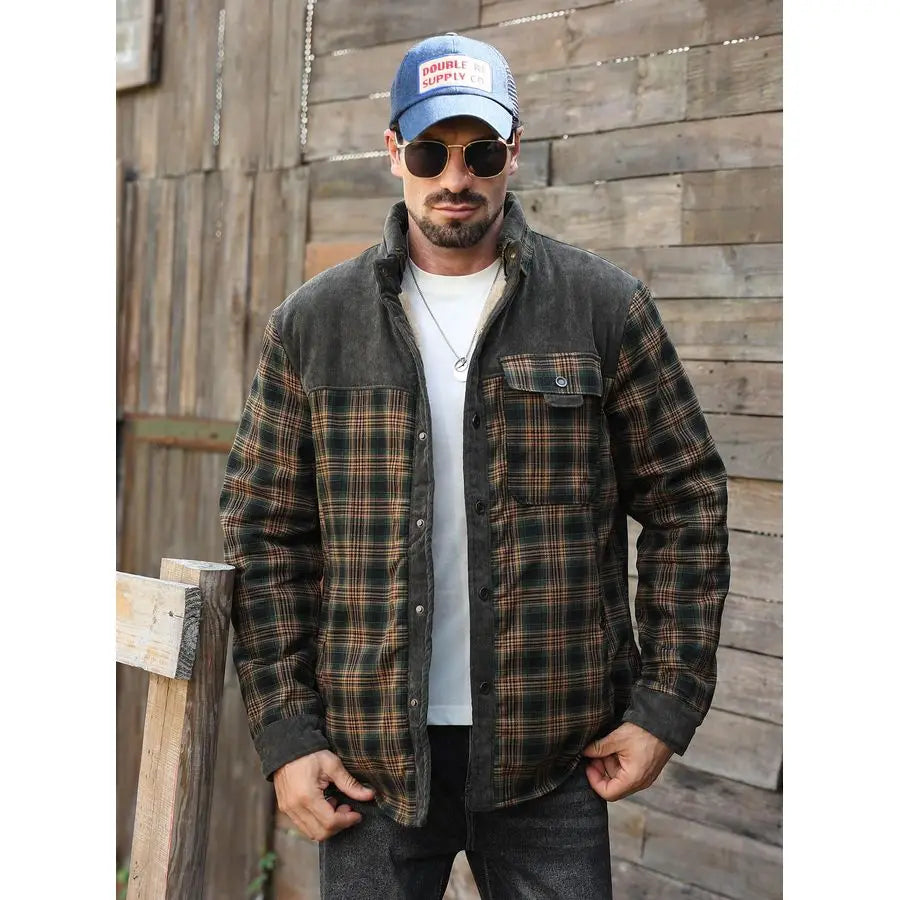 Corduroy Plaid Sherpa Lined Flannel Shirt Jacket Fleece Coat