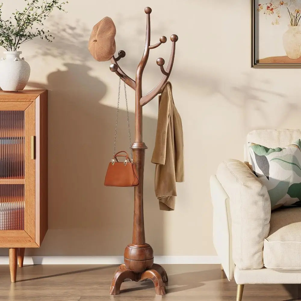 Wooden Coat Rack Freestanding with 8 Hooks, Heavy Duty Coat Hanger Stand with Stable Base, Vintage Coat Tree Standing
