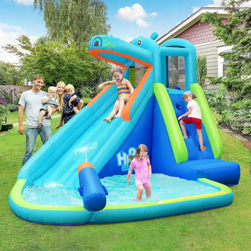 Hippo-Themed Inflatable Water Slide for Kids & Adults: Backyard Water Park with Climbing and Bounce House (No Blower Included)