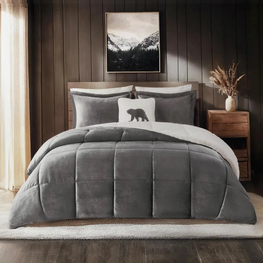 Woolrich Reversible Comforter Set Ultra Soft Plush to Sherpa Down Alternative Cold Weather Winter Warm Bedding with Matching Sh