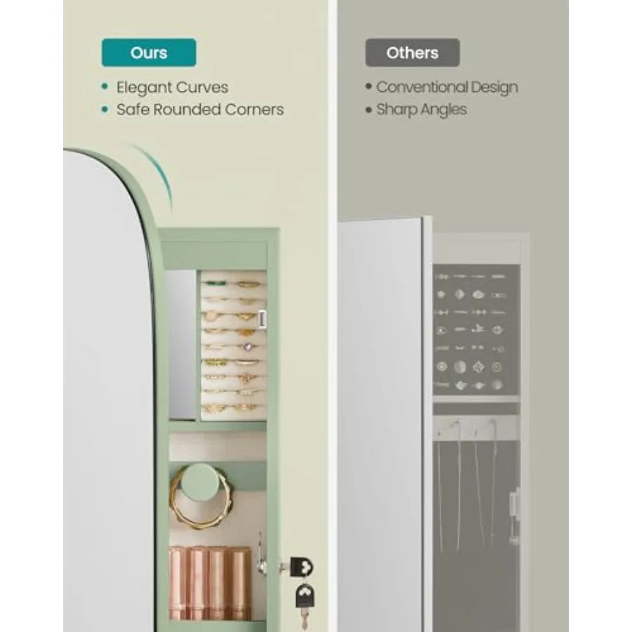 Jewelry Organizer LED Jewelry Cabinet Wall/Door Mounted Lockable Rounded Wide Mirror with Storage Interior Mirror 3.9 x 16.5 x