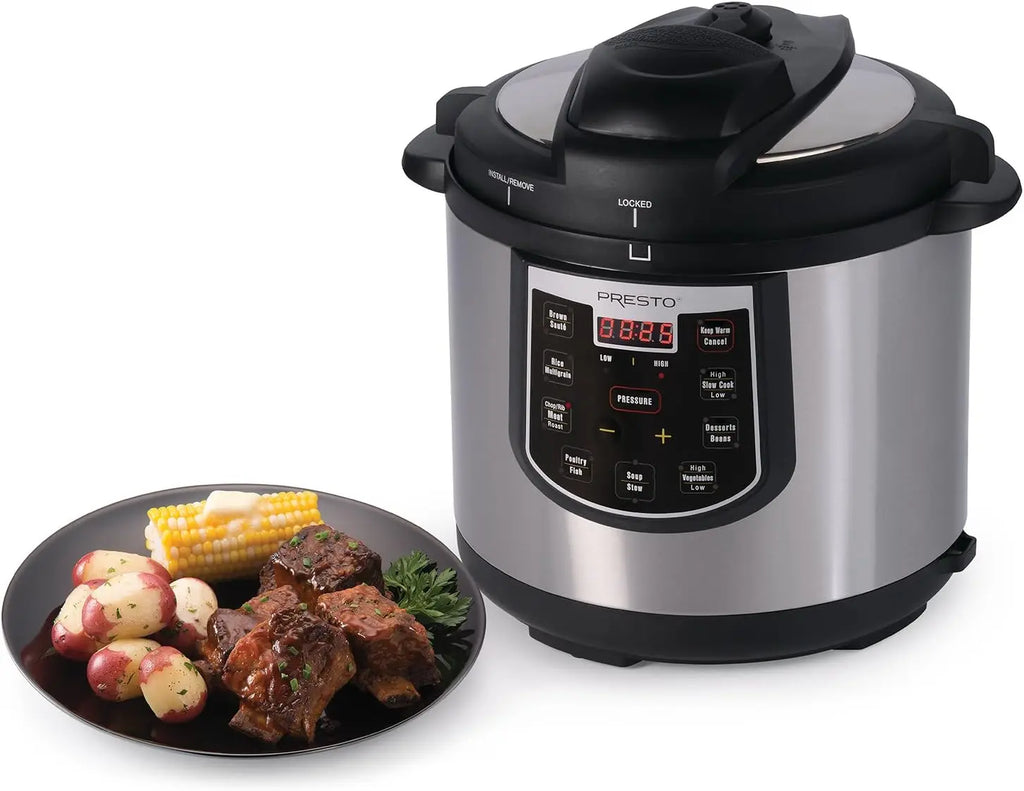 6-Quart Electric Pressure Cooker with Digital Display, Black and Silver Stainless Steel Design, Fast Cooking, Energy