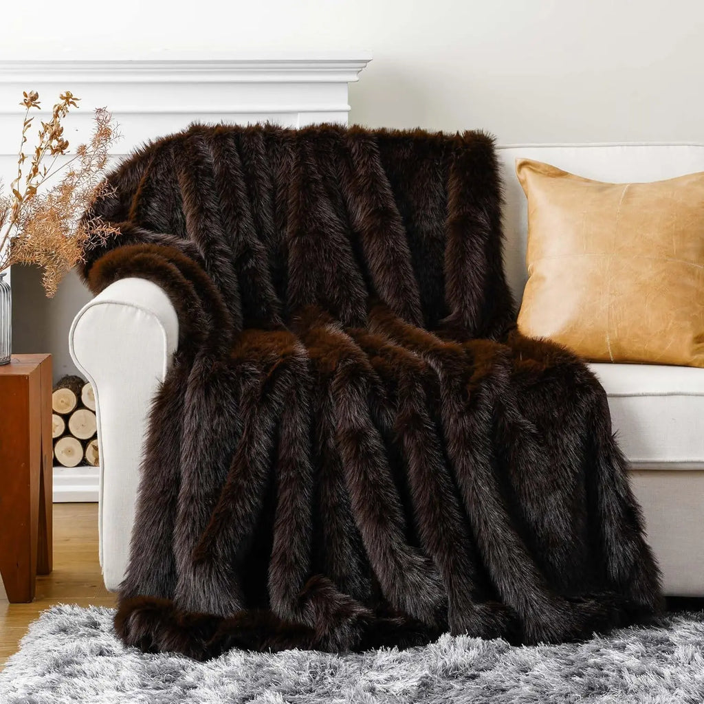 Luxury Brown Faux Fur Throw Blanket, Soft Warm Cozy for Bed Decor, King Size 60x80 Inches