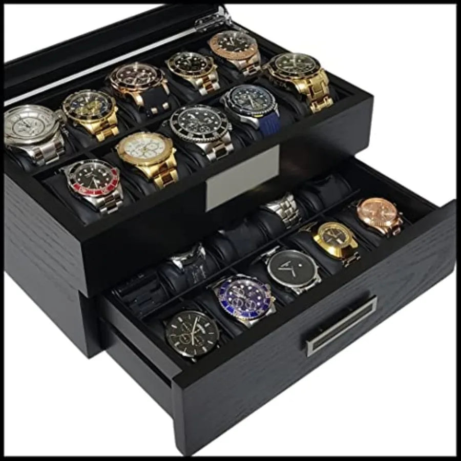 20 Black Ebony Wood Watch Extra Height Box Display Case 2 Level Storage Jewelry Organizer with Glass Top Stainless Steel Accent