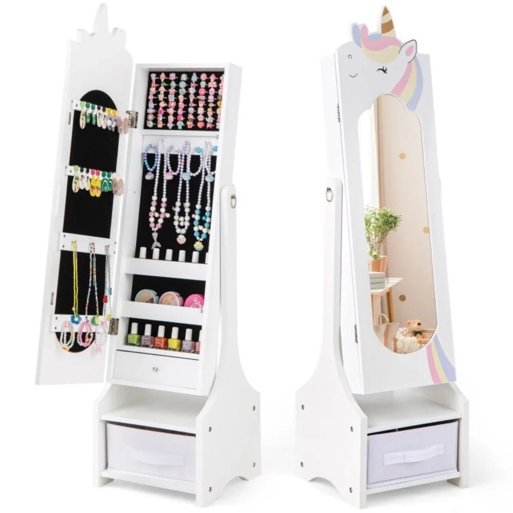 2-in-1 Kids Jewelry Organizer Armoire Cabinet w/Storage and Full-Length Mirror