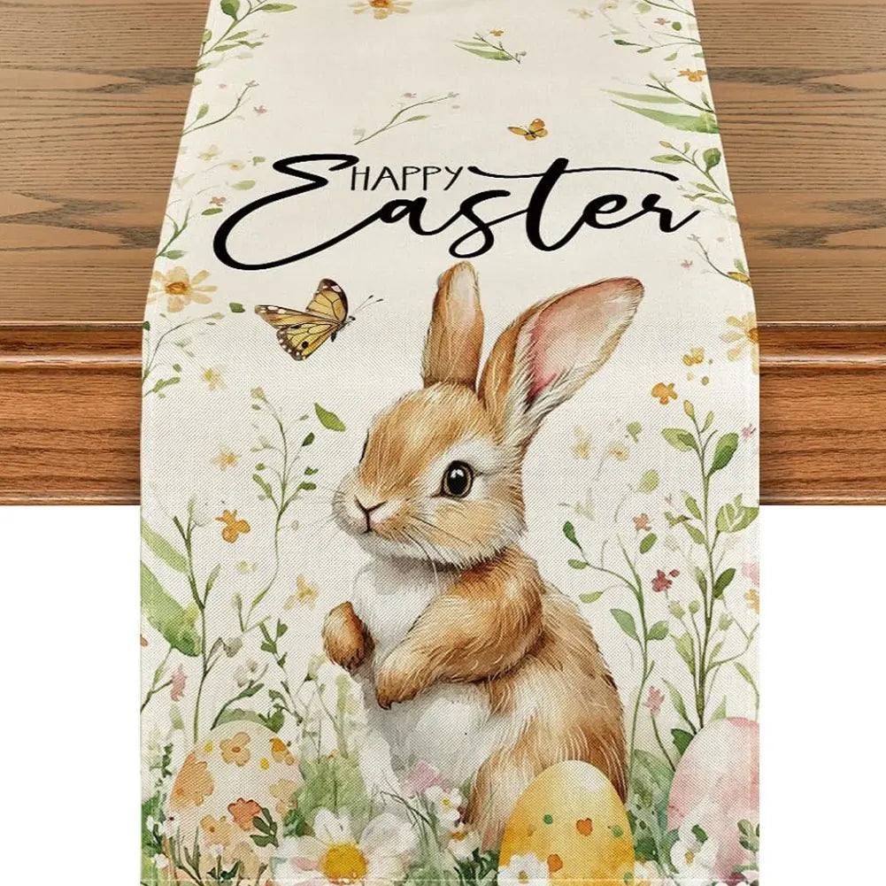 Easter Bunny Linen Table Runner Easter Rabbit Table Runner Washable Easter Bunny Spring Linen Table Runner Holiday Party Decor