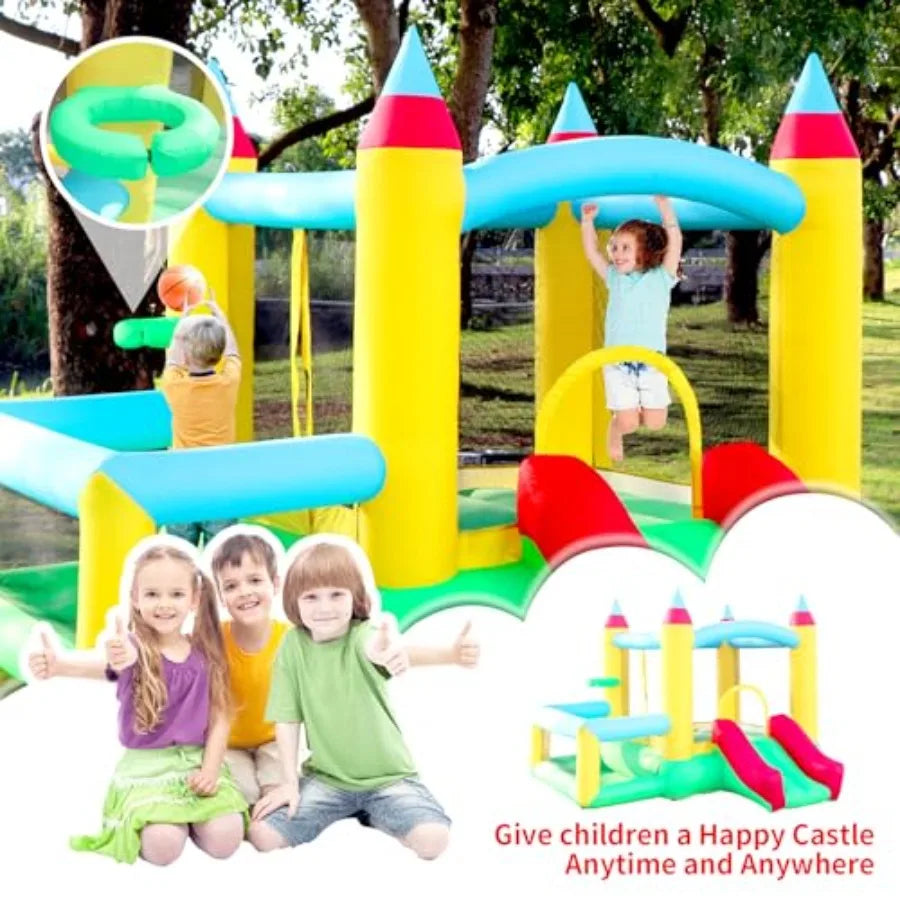 Inflatable Bounce House with Slide 107x106x80 Inch Jumping Castle with Blower and Ball Pool Basketball Game