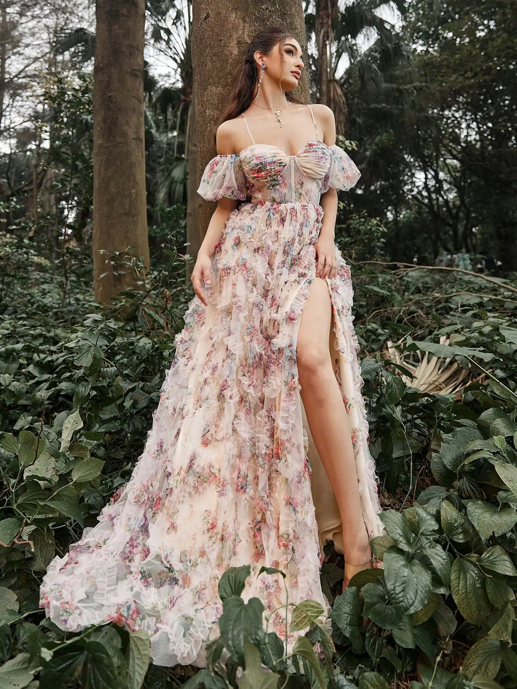 Off Shoulder Floral Ruffle Maxi Dress with High Slit for Summer Events and Formal Occasions