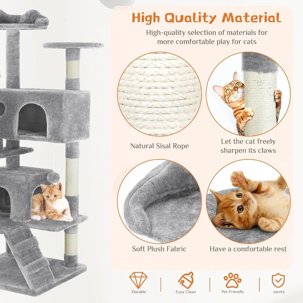 54-Inch Multi-Level Cat Tree Tower with Scratching Post, Climbing Ladder, Plush Toy, and Play House in Light Grey