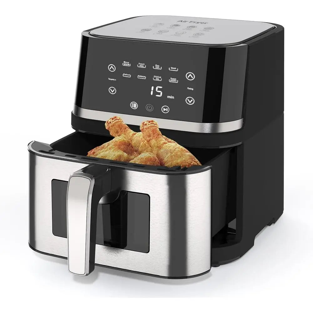 Stainless Steel 8Qt Large Digital Air Fryer with Window, Nonstick Made without PFAS, Touchscreen Display, 400F, NonStick Basket,