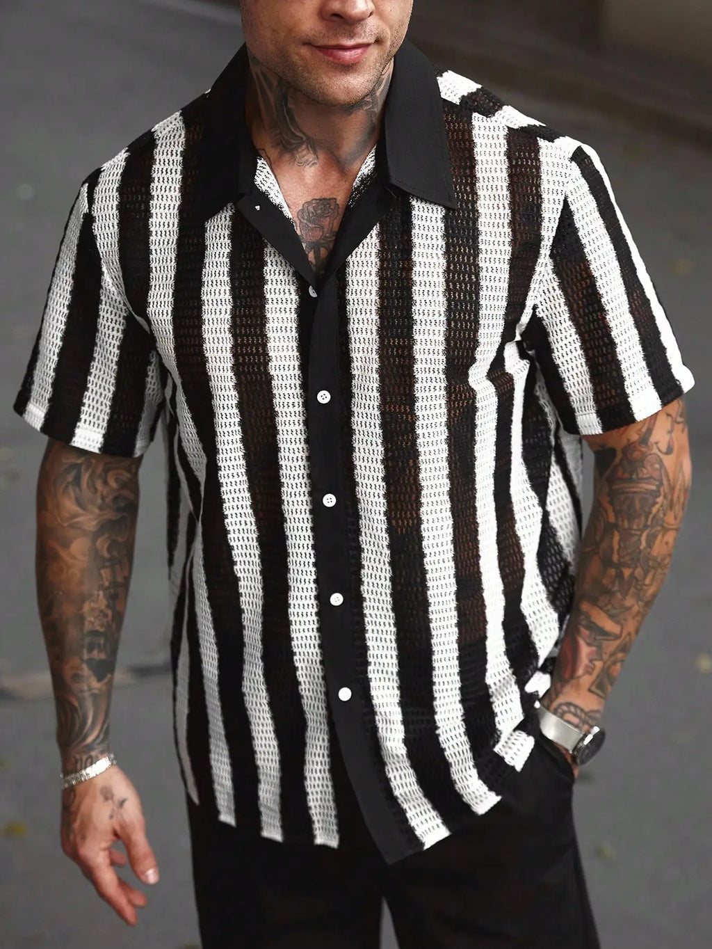 Men's Striped Knitted Short-Sleeve Casual Shirt with Button Placket