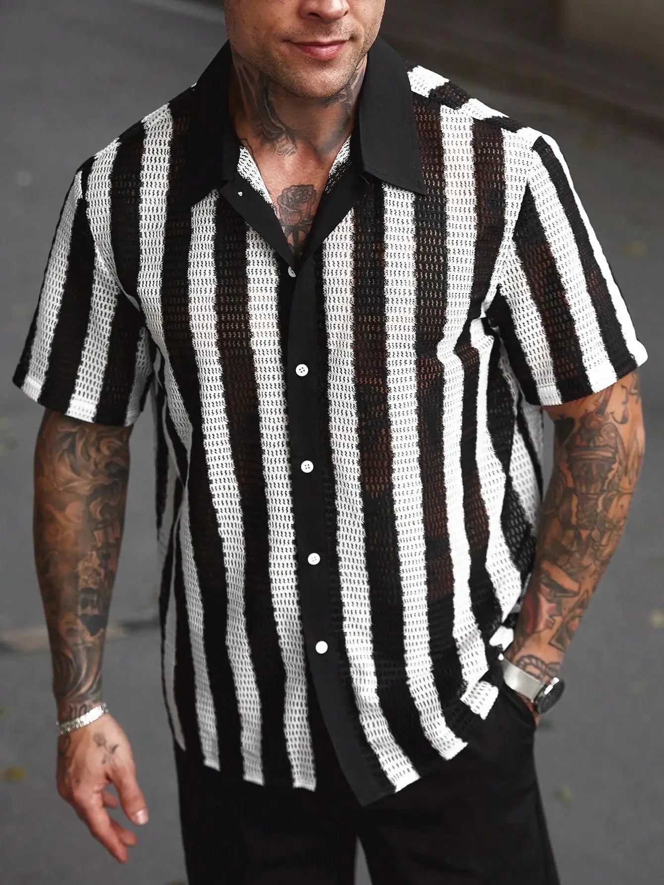 Men's Striped Knitted Short-Sleeve Casual Shirt with Button Placket