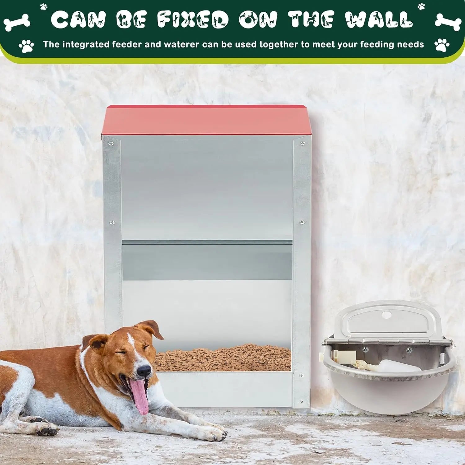 Automatic Dog Feeder and Water Dispenser for Large Dogs, No Installation Galvanized Gravity Feeder with 304 Stainless Steel