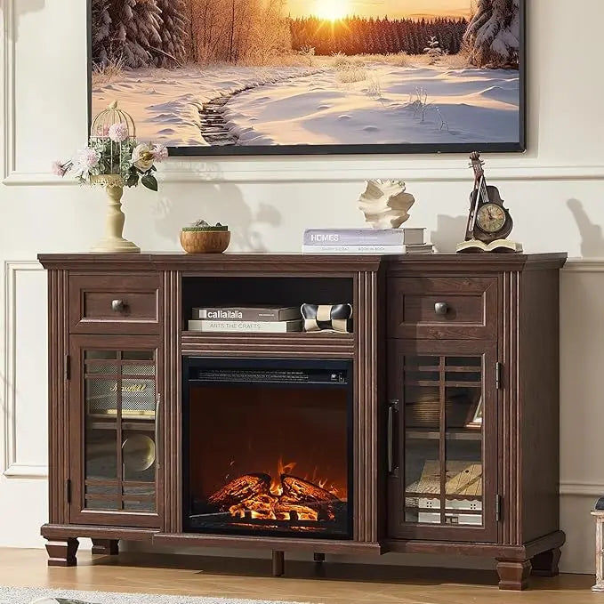 52" Fireplace TV Stand with 18”Silent Electric Fireplace, Farmhouse Entertainment Center for TVs up to 65", 2 Drawers，Customized