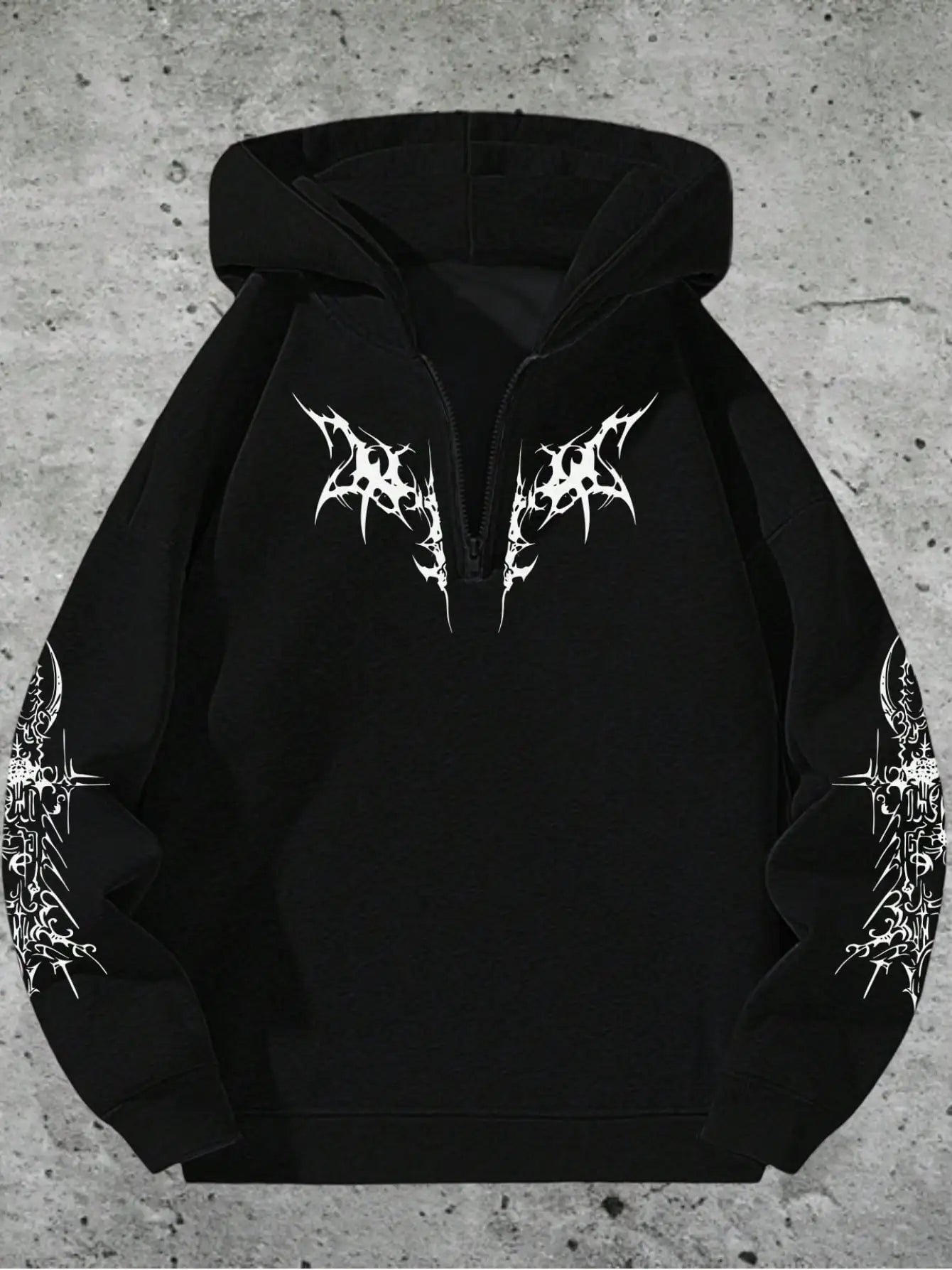 Gothic Black Quarter Zip Up Hoodie For Men Halloween Bat Print Hooded Pullover Jacket Street Hip Hop Style Fall Jackets Unisex