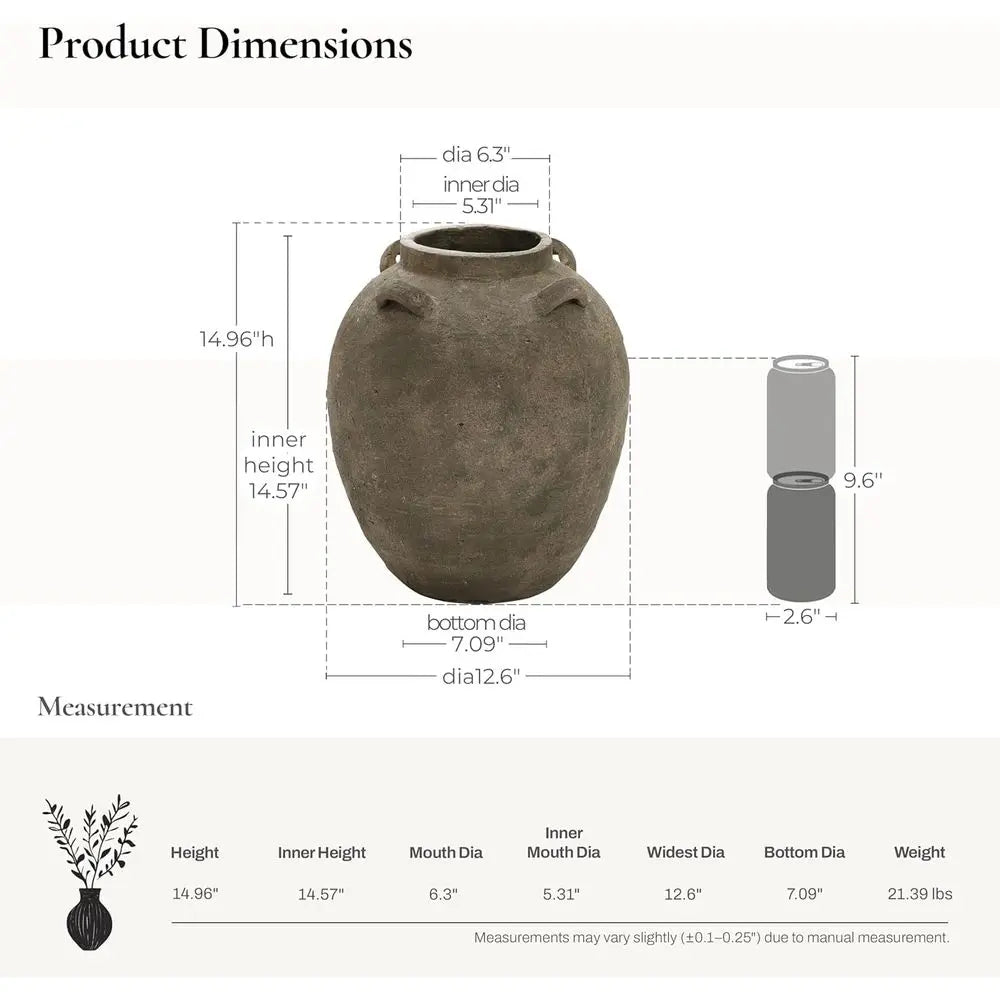 15 Brown Terracotta Floor Vase, Rustic Ceramic Cauldron for Living Room, Large Vintage Pottery Decor