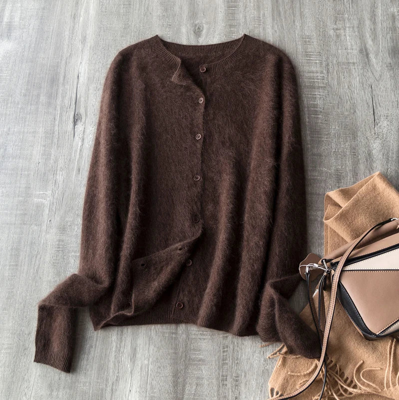 Women Fleece Wool Cashmere Sweater Cardigan Autumn Winter Round Neck Seamless Single Breasted Soft Knitwear