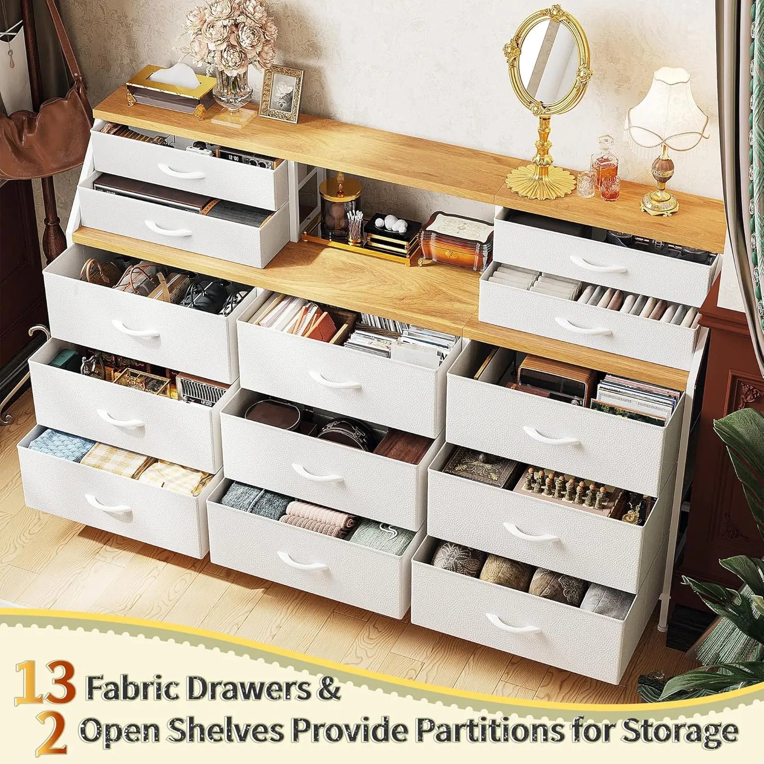 55" W White Dresser for Bedroom, Dressers & Chests of Drawers with 13 Fabric Drawers and 2 Open Shelves, White Dresser