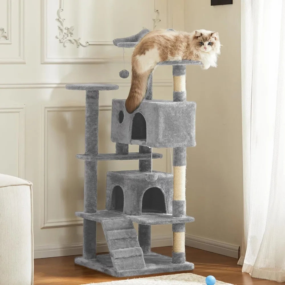 54-Inch Multi-Level Cat Tree Tower with Scratching Post, Climbing Ladder, Plush Toy, and Play House in Light Grey