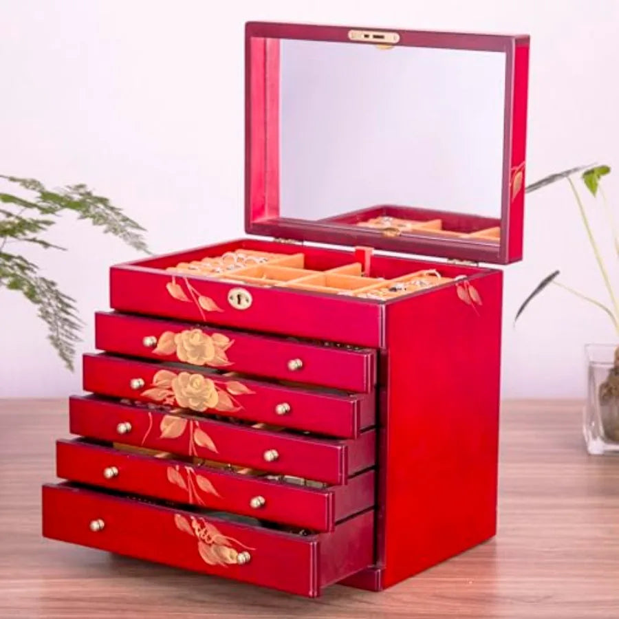 Hand-drawn rose wood jewelry box 6-Layer Jewelry Organizer for womenLarge capacity jewelry storage box with lock in red color s