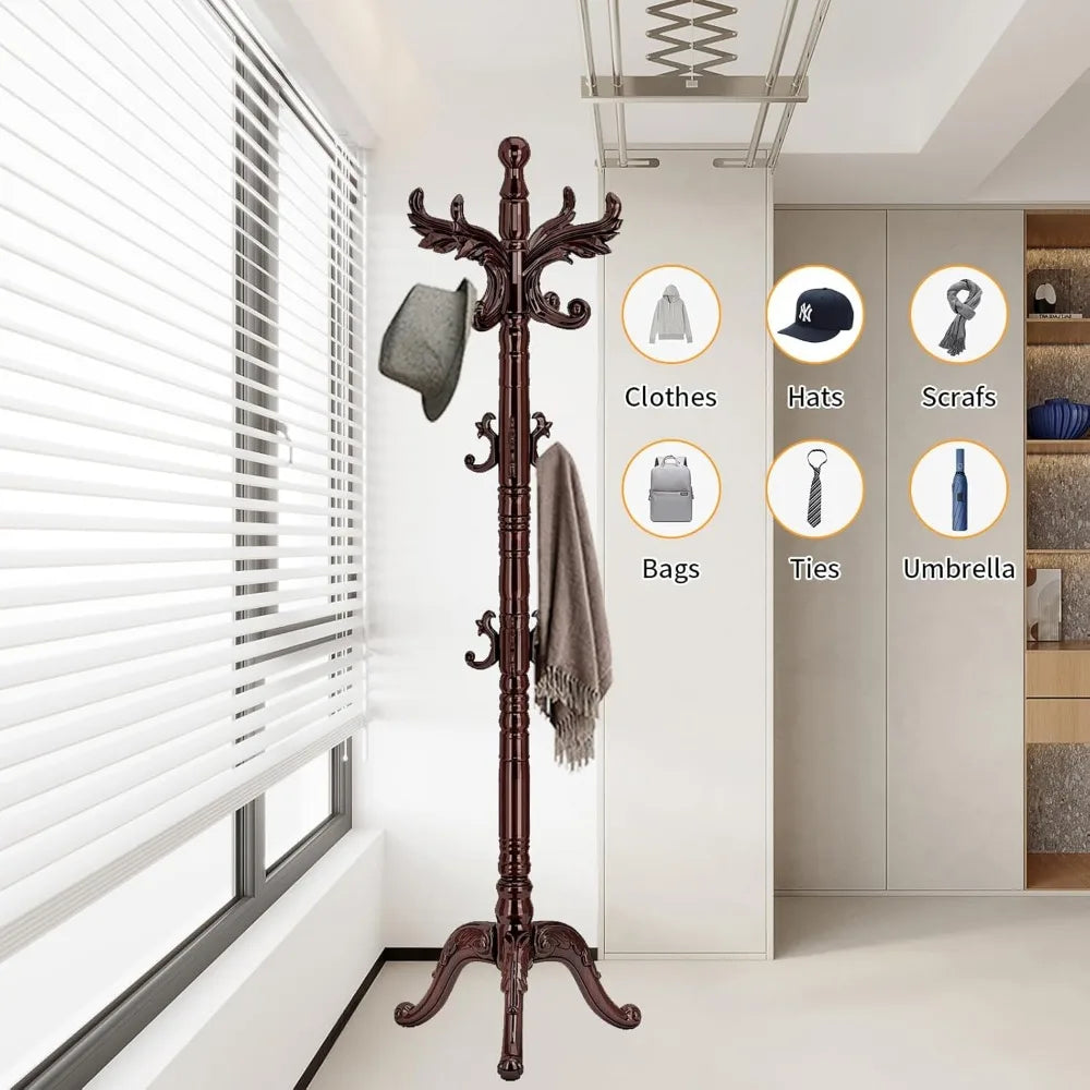 Sturdy Wooden Coat Rack with 14 Hooks, Adjustable Height Freestanding Hall Tree for Entryway Office