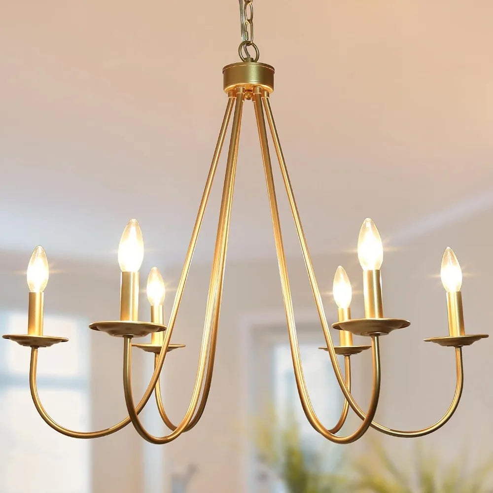 Modern 6-Light Gold Chandelier, 28'' Large Hanging Pendant Light for Dining Room & Kitchen