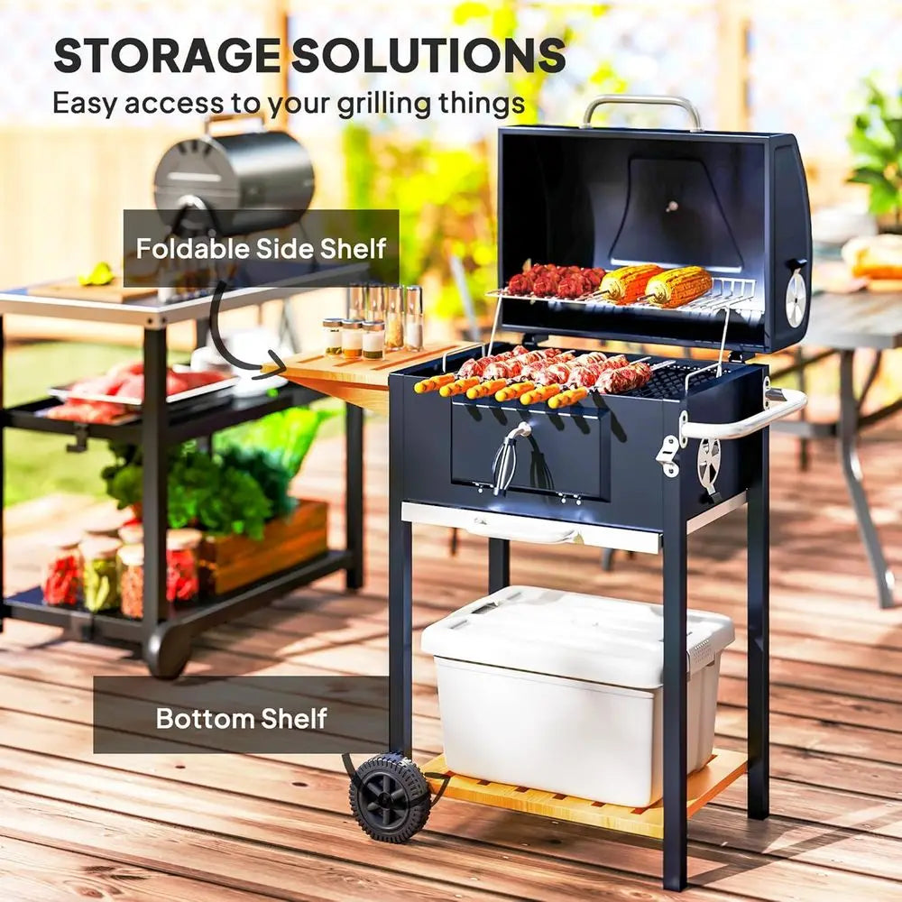 Charcoal BBQ Grill, Outdoor Portable Cooker for Camping or Backyard Picnic, Barbecue Grill with Side Table, Bottom Storage Shelf