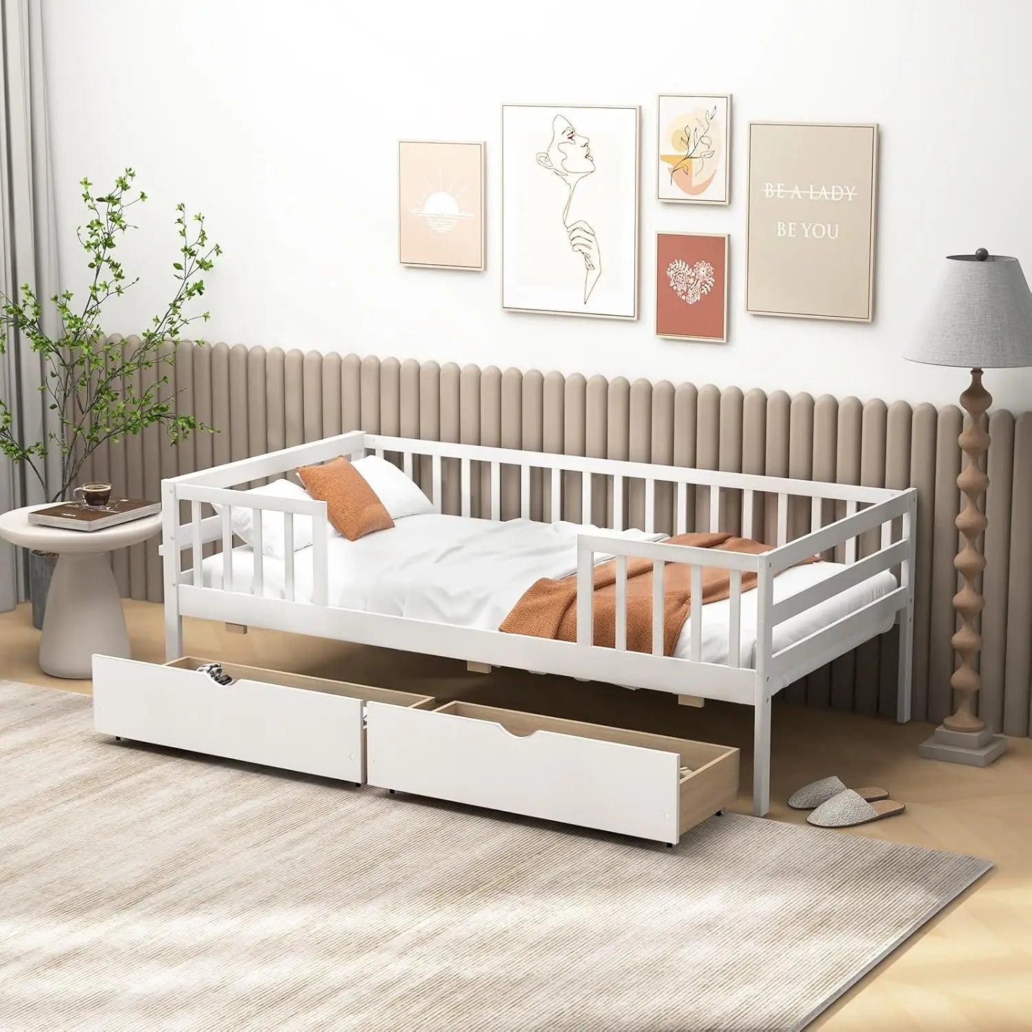 Wood Twin Bed Frame with Fence Rails, 2 Drawers & Side Shelf, No Box Spring Needed, Solid Wood Slats Daybed for Kids and Teens (