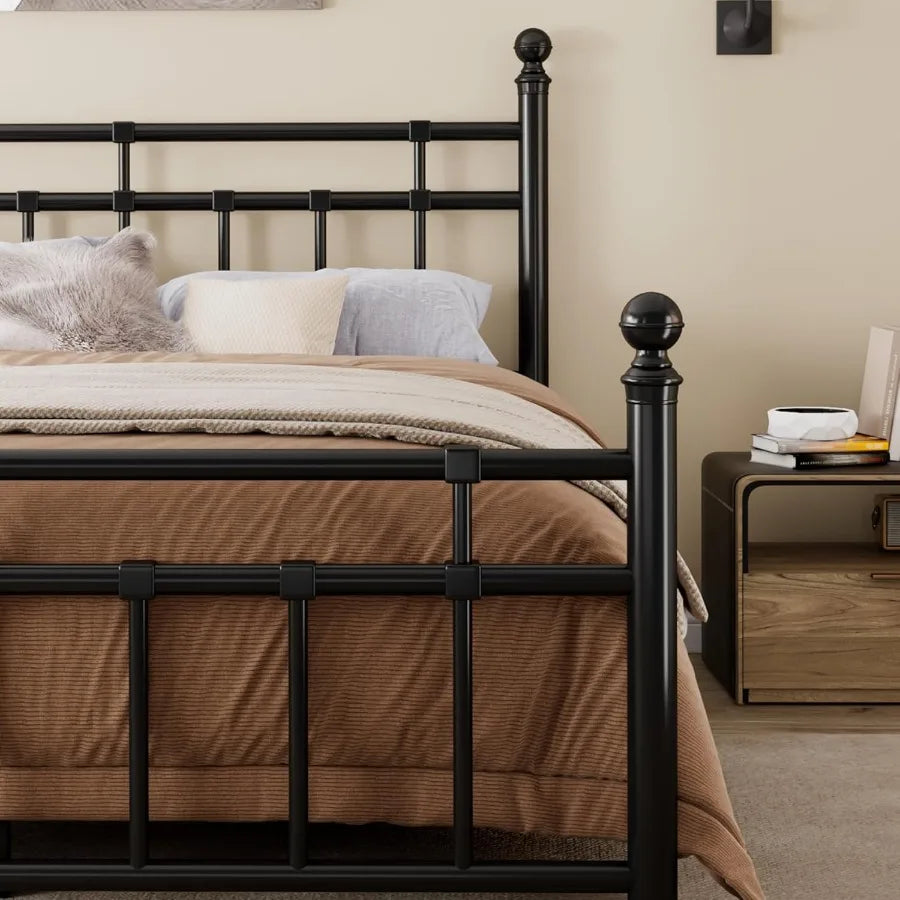 King Size Metal Bed Frame Platform Bed with Classic Wrought Iron Art Headboard and Footboard for Modern Bedroom 12 Inch Underbe