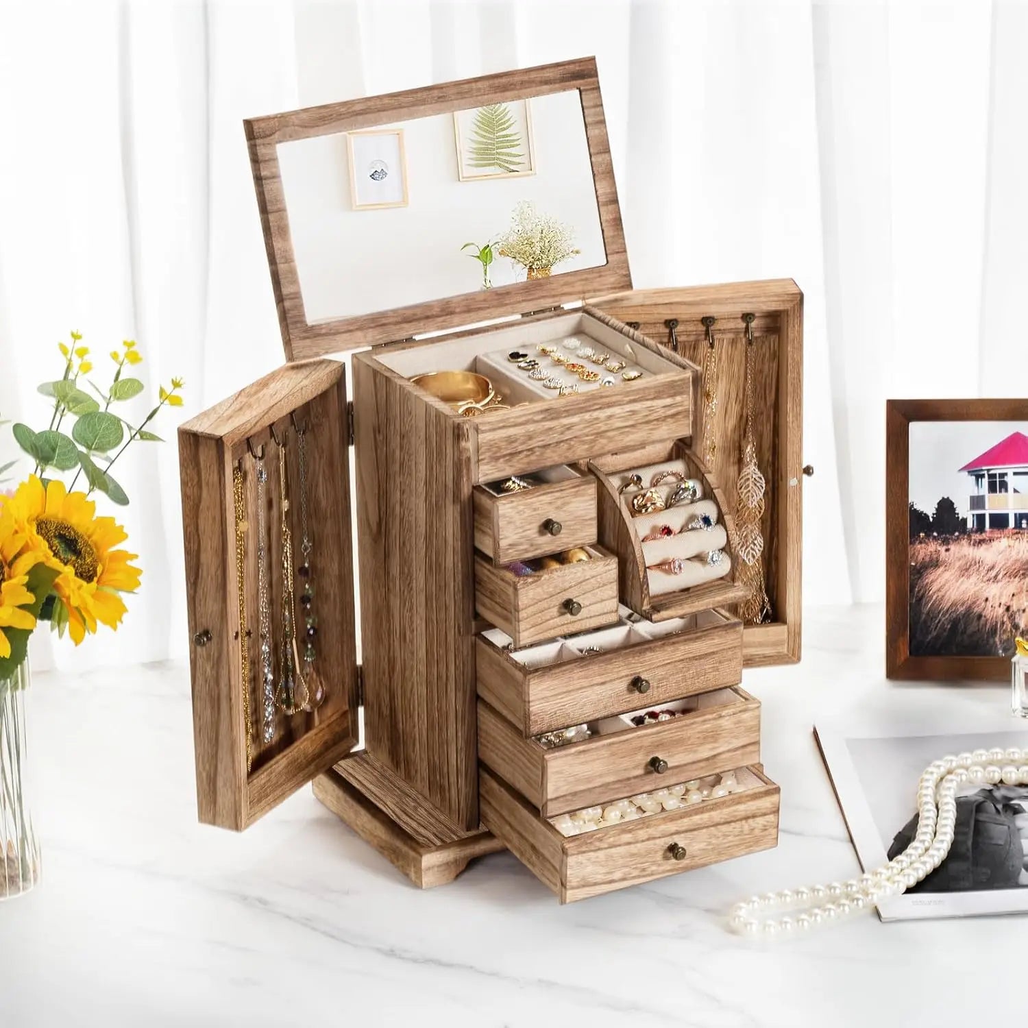 Rustic Wooden Jewelry Box for Women, 6-Layer Organizer with Mirror & Drawers, Carbonized Black