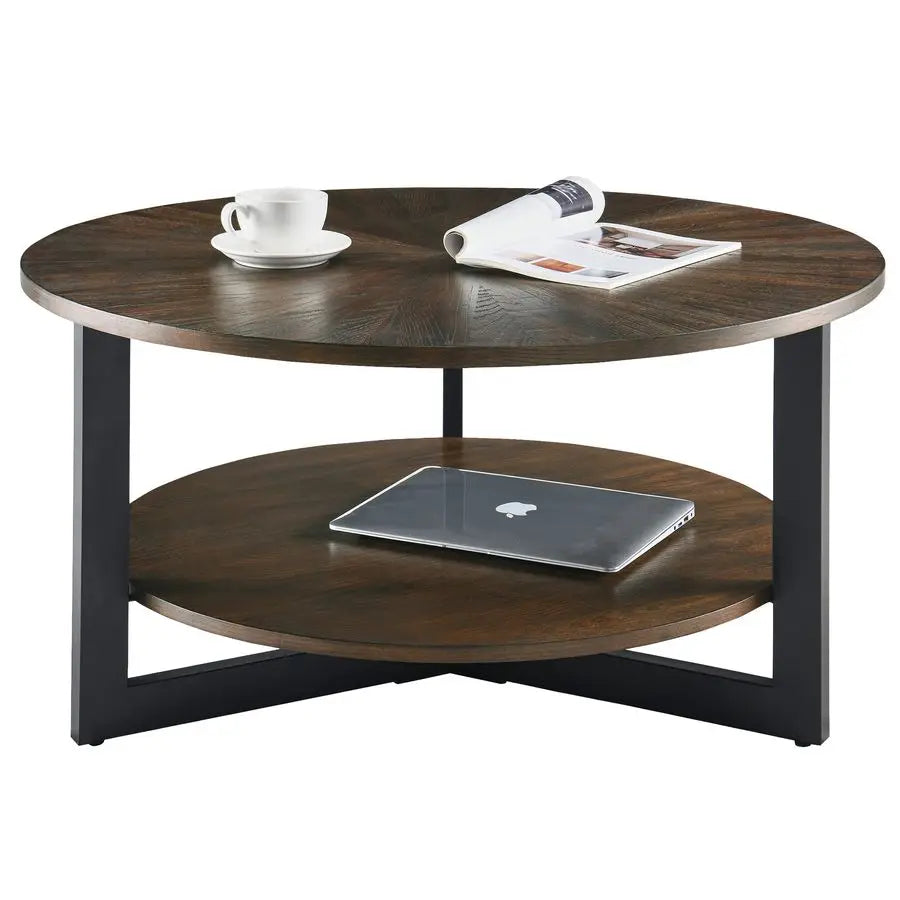 Round Coffee Table with Storage Shelf, Farmhouse Living Room Cocktail Black Metal Legs, Circular Solid Wood Center Tea Table, So