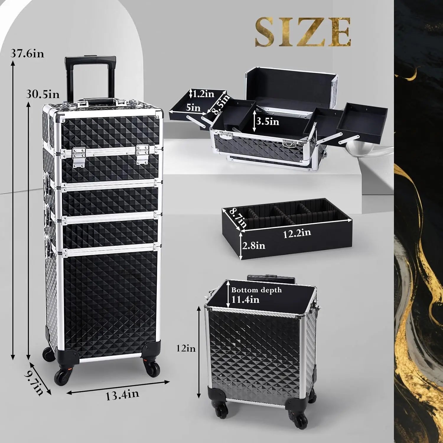 Large Rolling Makeup Case with Swivel Wheels, 4-in-1 Cosmetic Organizer for Travel and Salon Storage