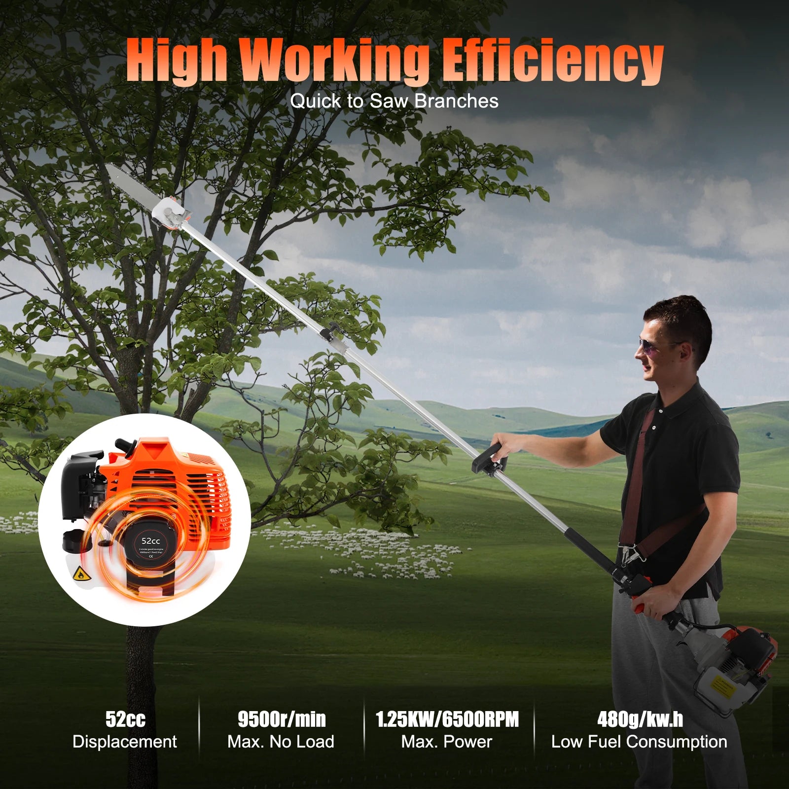 Gasoline Power High Branch Saw 52cc 2-stroke Engine 9500r/min 1.25KW 6500RPM Garden High Branch Saw