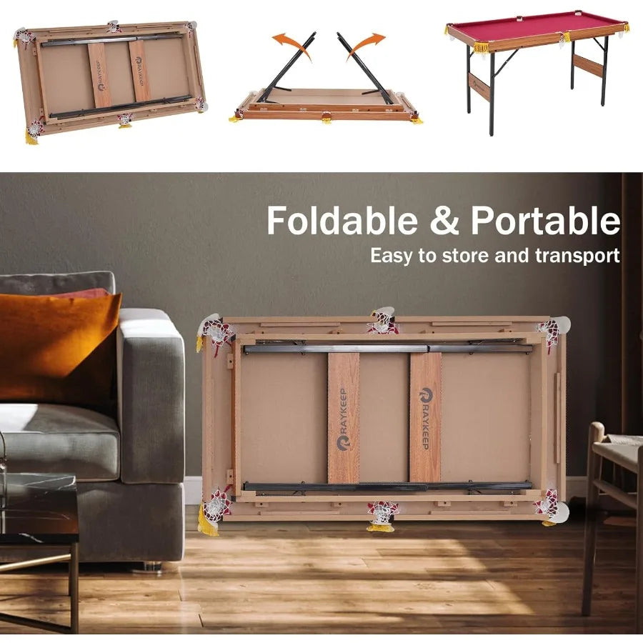 54 Portable Pool Table - Compact Wooden Billiard Table with 2 Cues Triangle Rack Chalk Brush - Ideal for Home Game Room Indoor