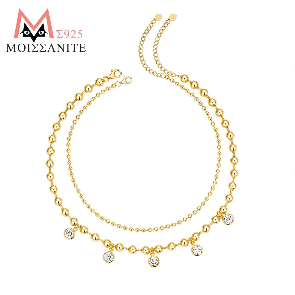 JIUZUAN Moissanite Earrings Layered Necklace 925 Silver 18K Gold Plated Beaded Jewelry Gift Comes with Certificate