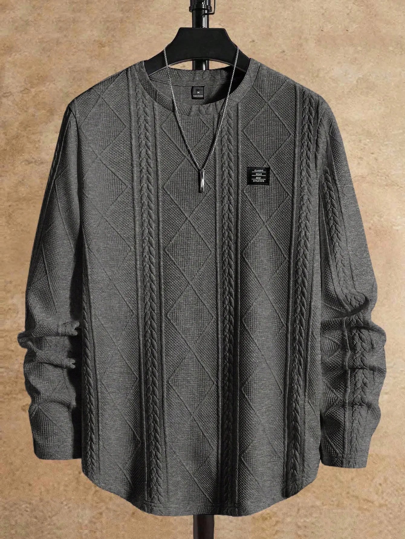 Gray Knitted Long Sleeve T-Shirt with Cable & Diamond Pattern, Casual Round Neck Design