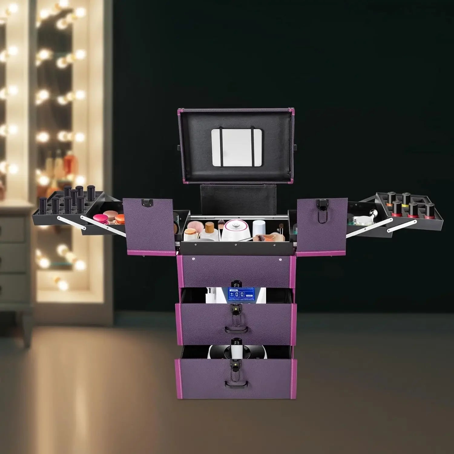 Rolling Makeup Train Case, Makeup Train Case, Large Capacity, Easy To Carry, Rolling Design with Retractable Trays and Drawers