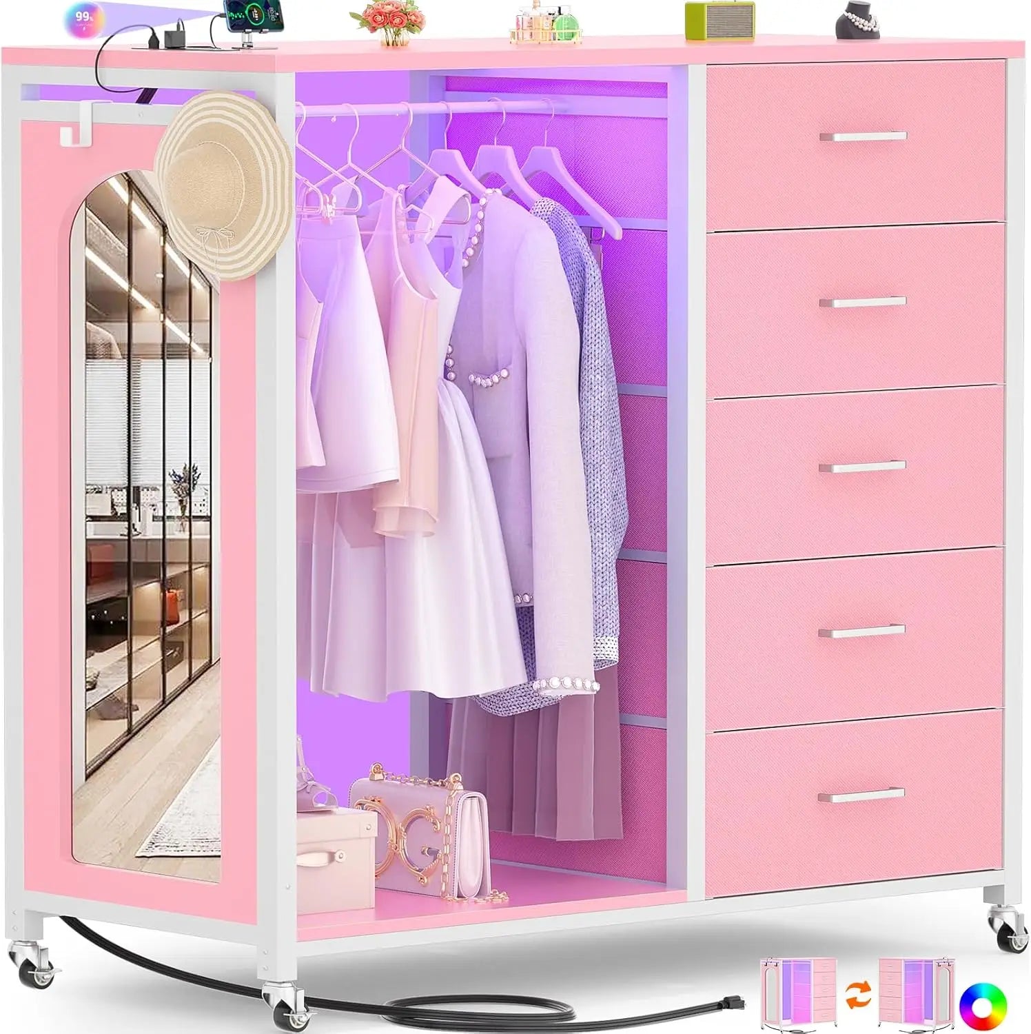 5-Drawer Dresser with Clothes Rack, Full-Length Mirror, Charging Station & LED Lights - Rolling Design with Wheels