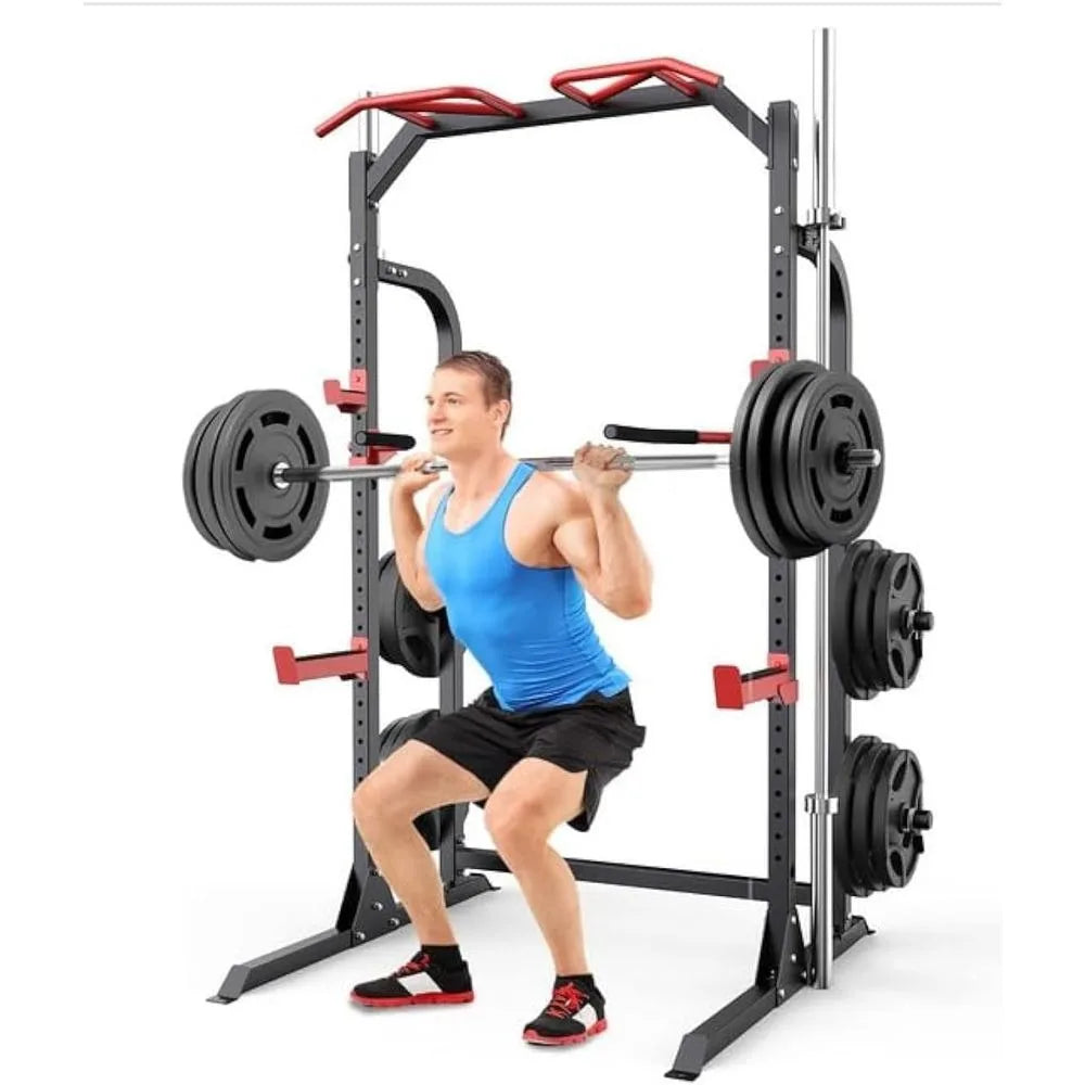 Versatile Fitness Rack with Cable Crossover, J-Hooks, Dip Bars, and Plate Storage