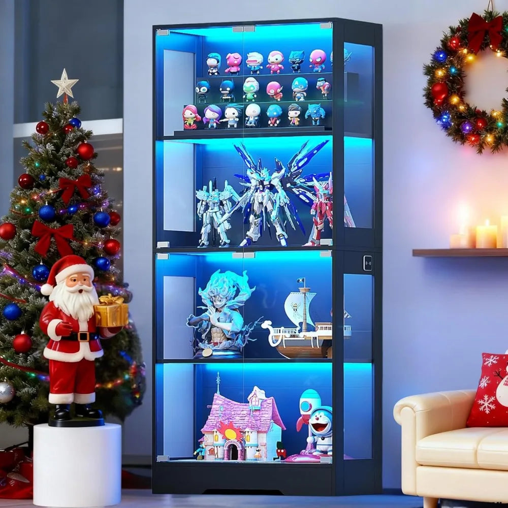 Illuminated 4-Tier Glass Display Cabinet with Motion Sensor for Collectibles and Curio Storage