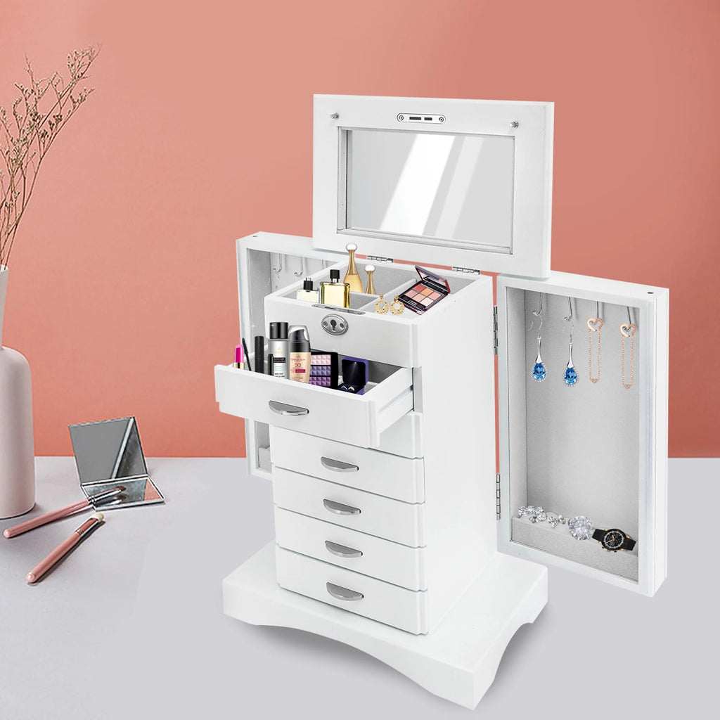 7 Layers Large MDF Jewelry Box,White/Walnut Rectangular Jewelry Box Free-standing for Jewelry Storage