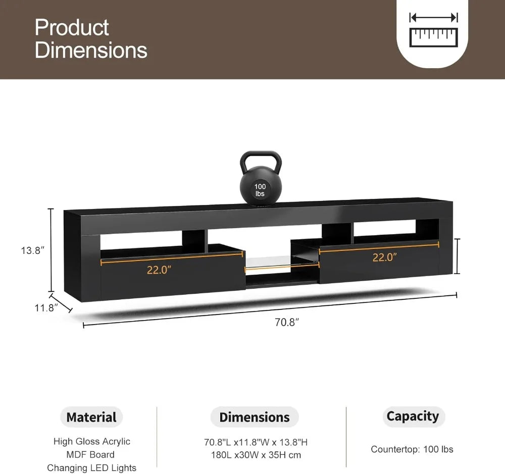 Floating TV Stand for 85 Inch TV, Wall Mounted with Cabinets, Black High Glossy Entertainment Center for Living Room