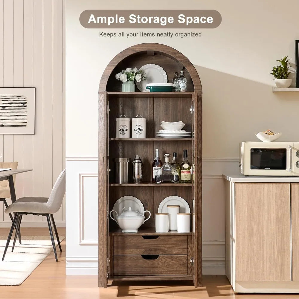 Customized. 71" Tall Arched Kitchen Pantry with Glass Doors, 5 Tier Modern Bookshelf with 2 Drawers, Wooden Storage Cabinet with